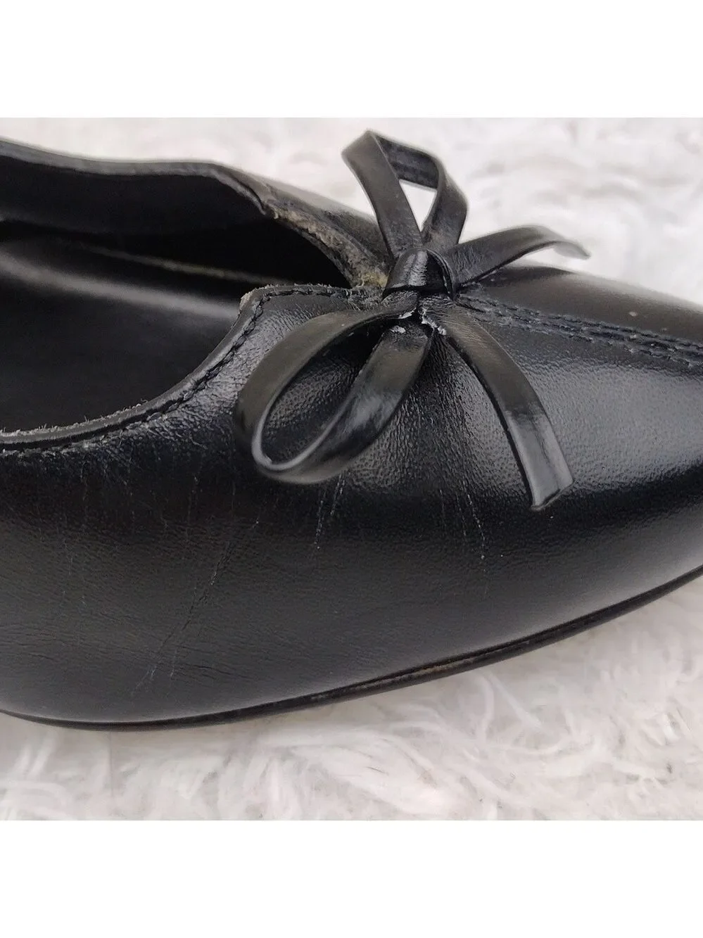 Connie Celia Black Leather Faux Bow Upper Pointed-Toe Kitten Heel Slip On Shoe